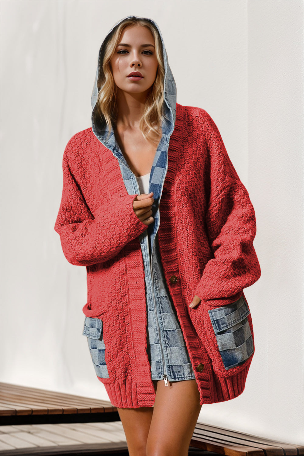 Double Take Hooded Denim Cardigan