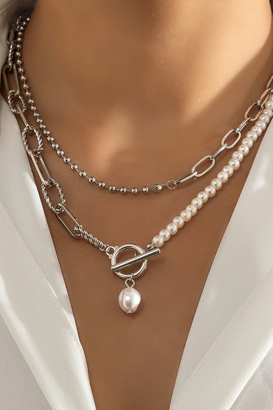 Chain with Pearl Double Layer Toggle Necklace