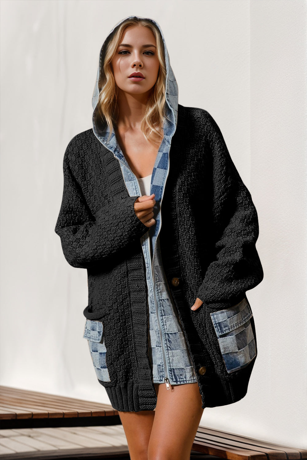 Double Take Hooded Denim Cardigan