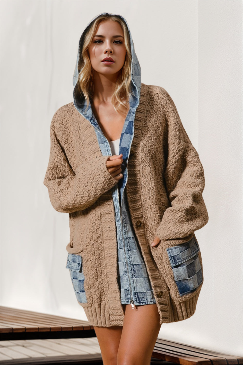 Double Take Hooded Denim Cardigan